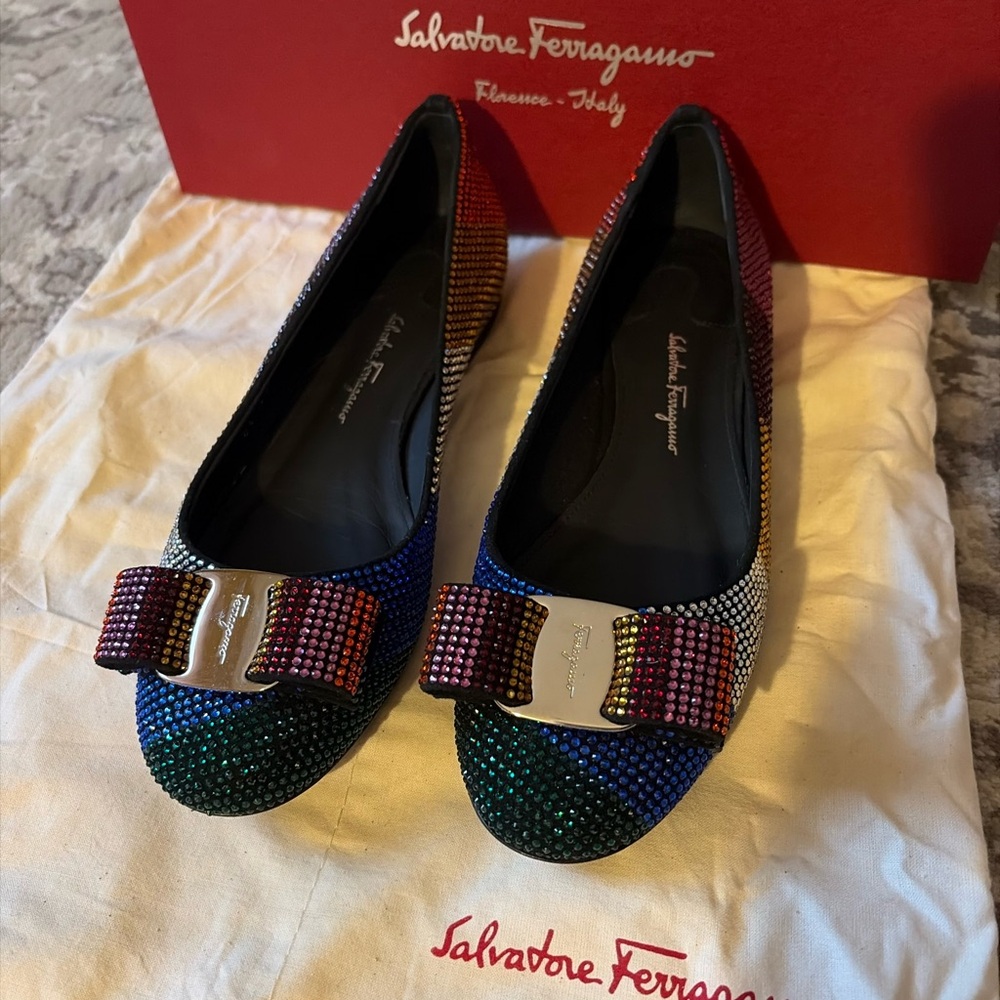 Salvatore Ferragamo Rainbow Crystal Embellished Leather Ballet Flats Varina 5C